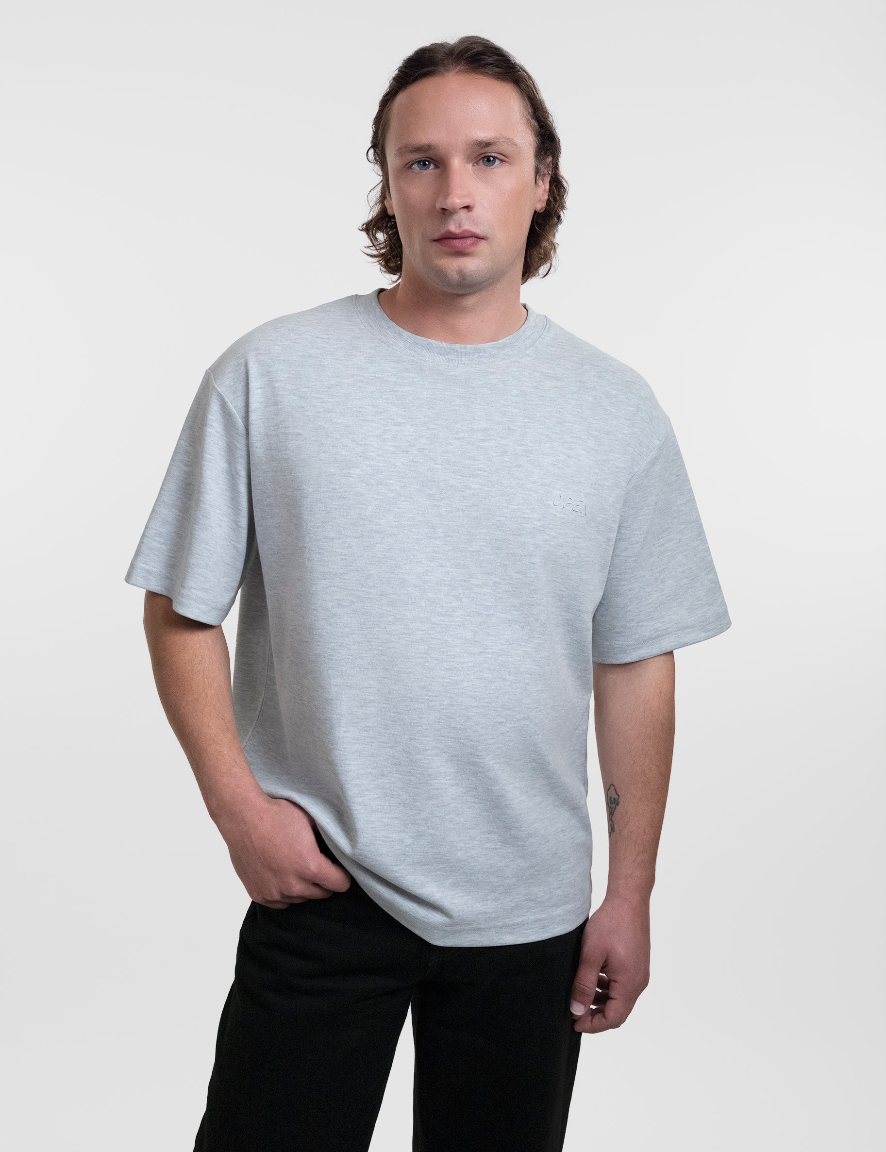 Open Row Men's Open Heart Tee in grey, front view.