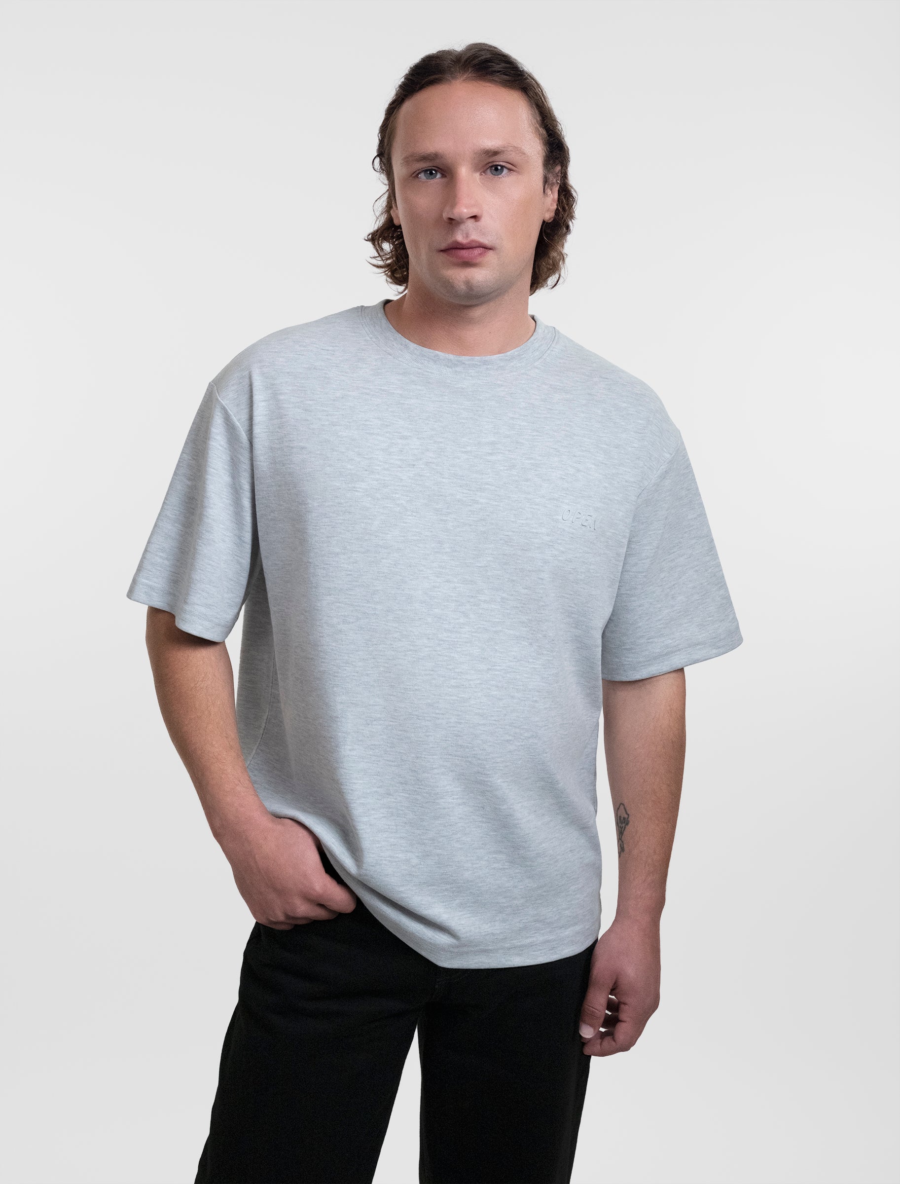 Open Row Men's Open Heart Tee in grey, front view.