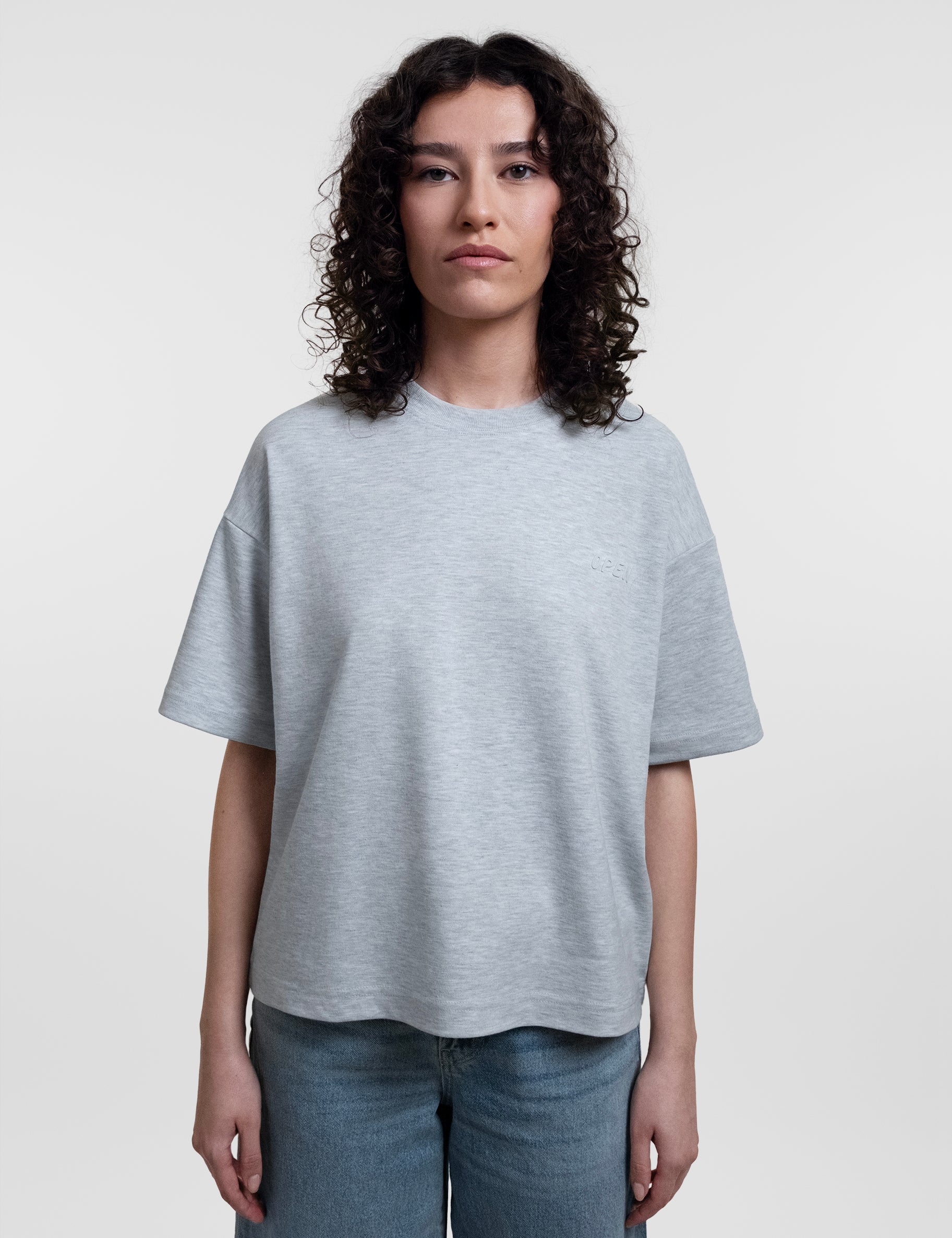 Open Row Women's Open Heart Tee in grey, front view.