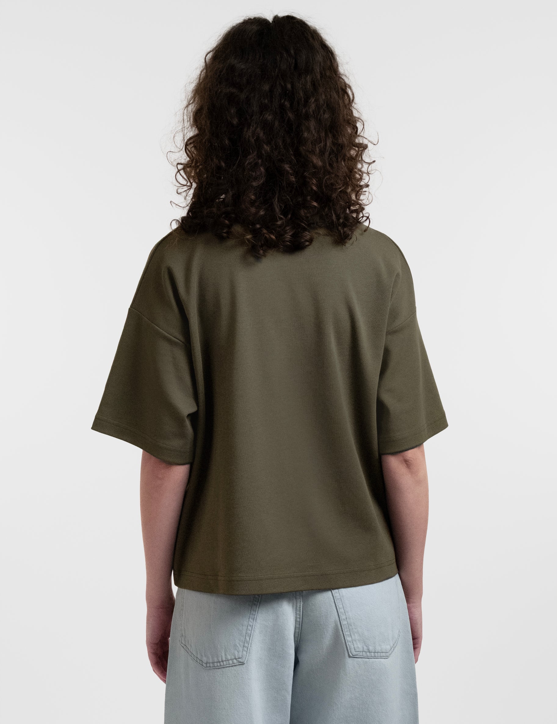 Open Row Women's Open Heart Tee in khaki green, back view.