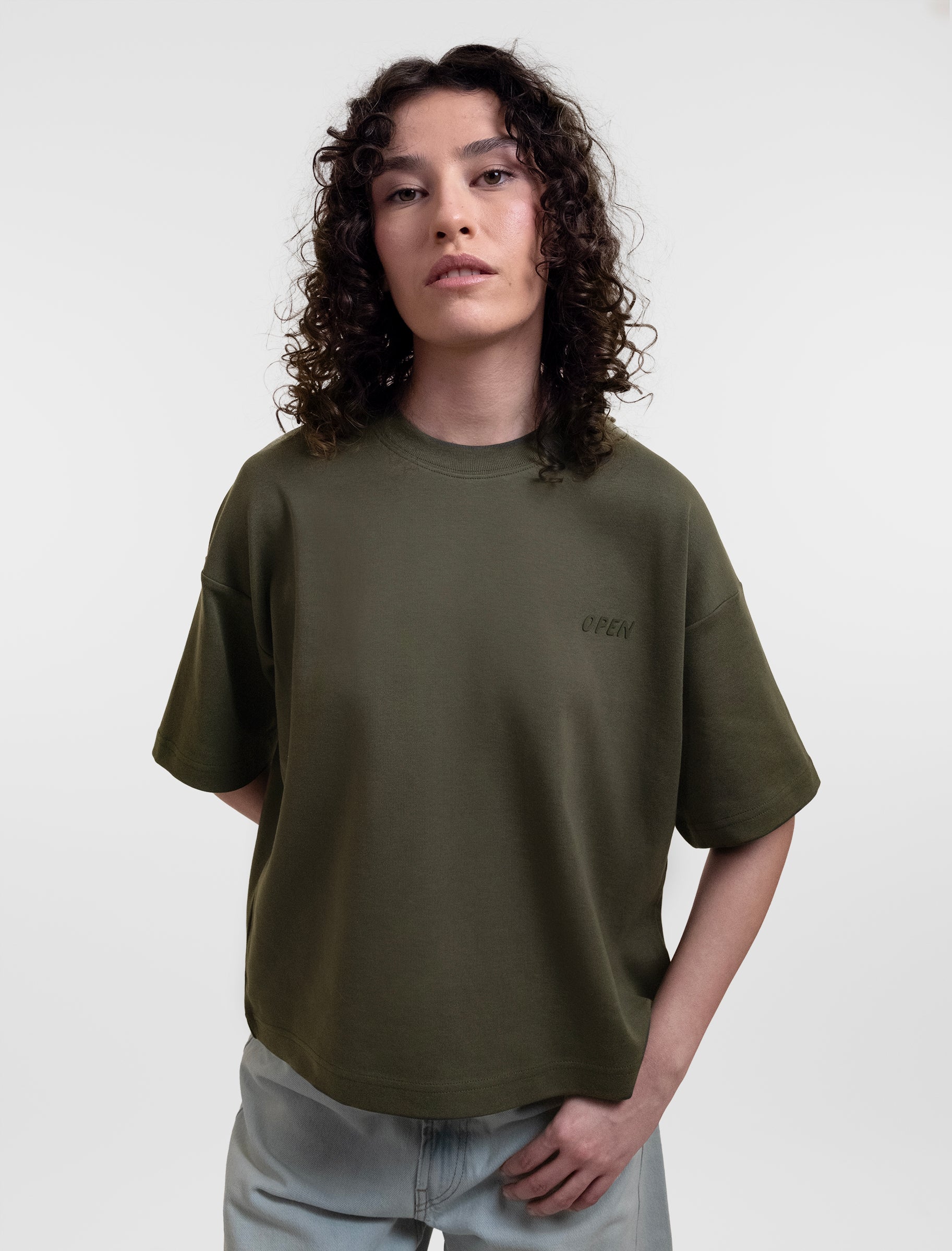 Open Row Women's Open Heart Tee in khaki green, front editorial view.