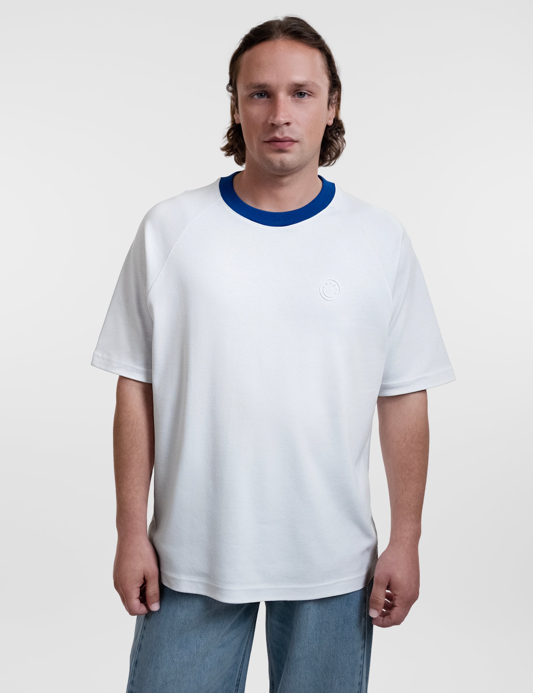 Open Row Men's Runaway Tee in white with blue collar, front view.