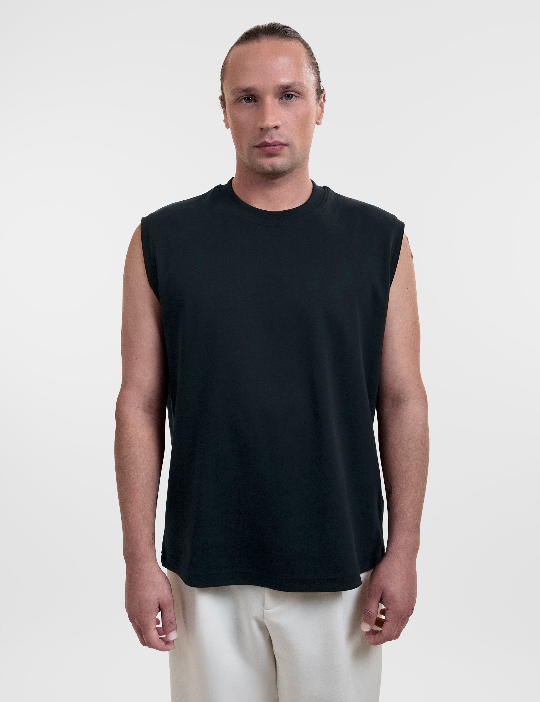 Open Row Men's Tank Tee in black, front view.