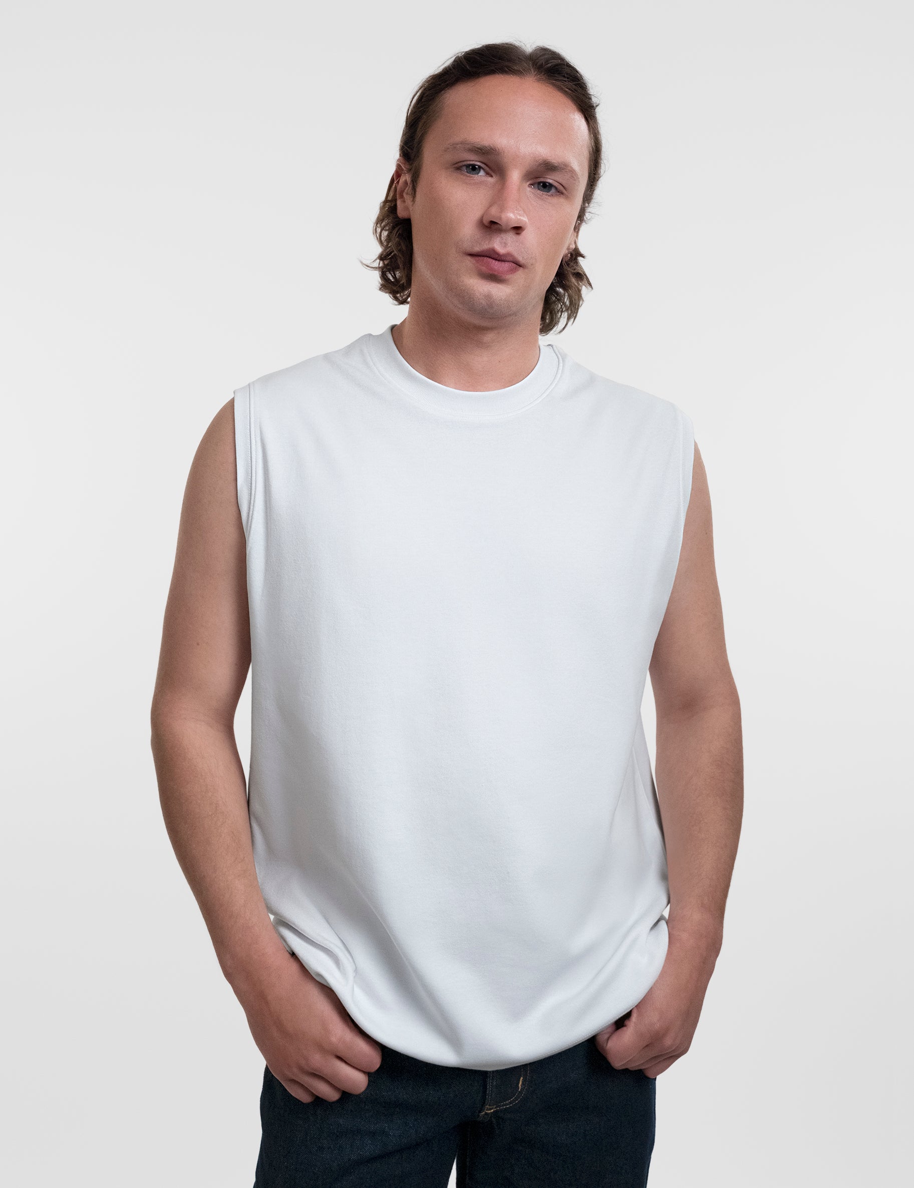 Open Row Men's Tank Tee in white, front view.
