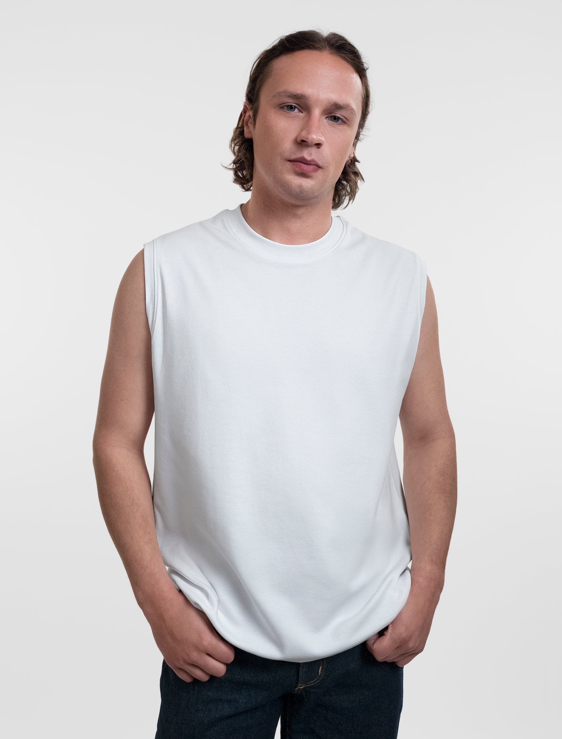 Open Row Men's Tank Tee in white, front view.