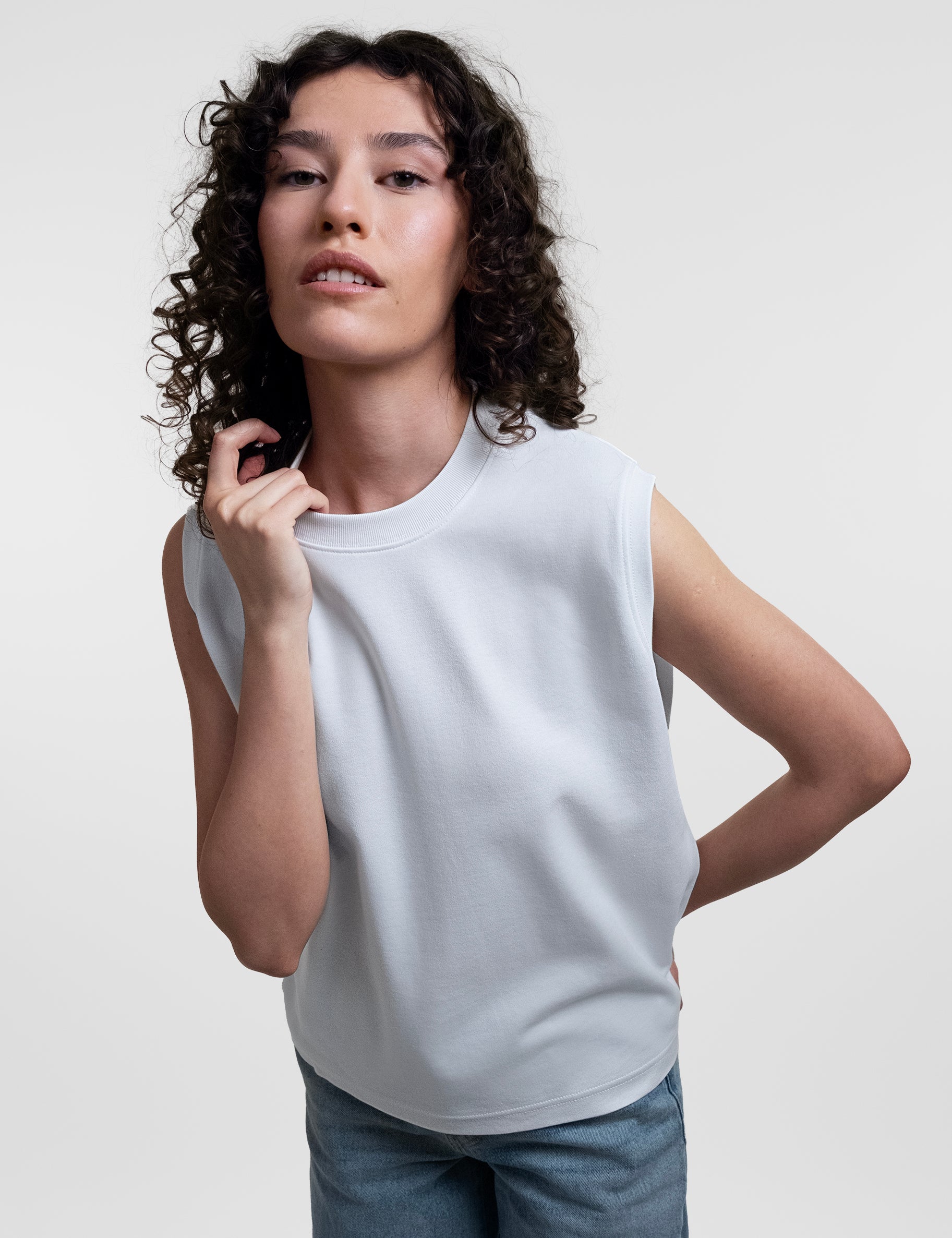 Open Row Women's Tank Tee in white, elevated front view.