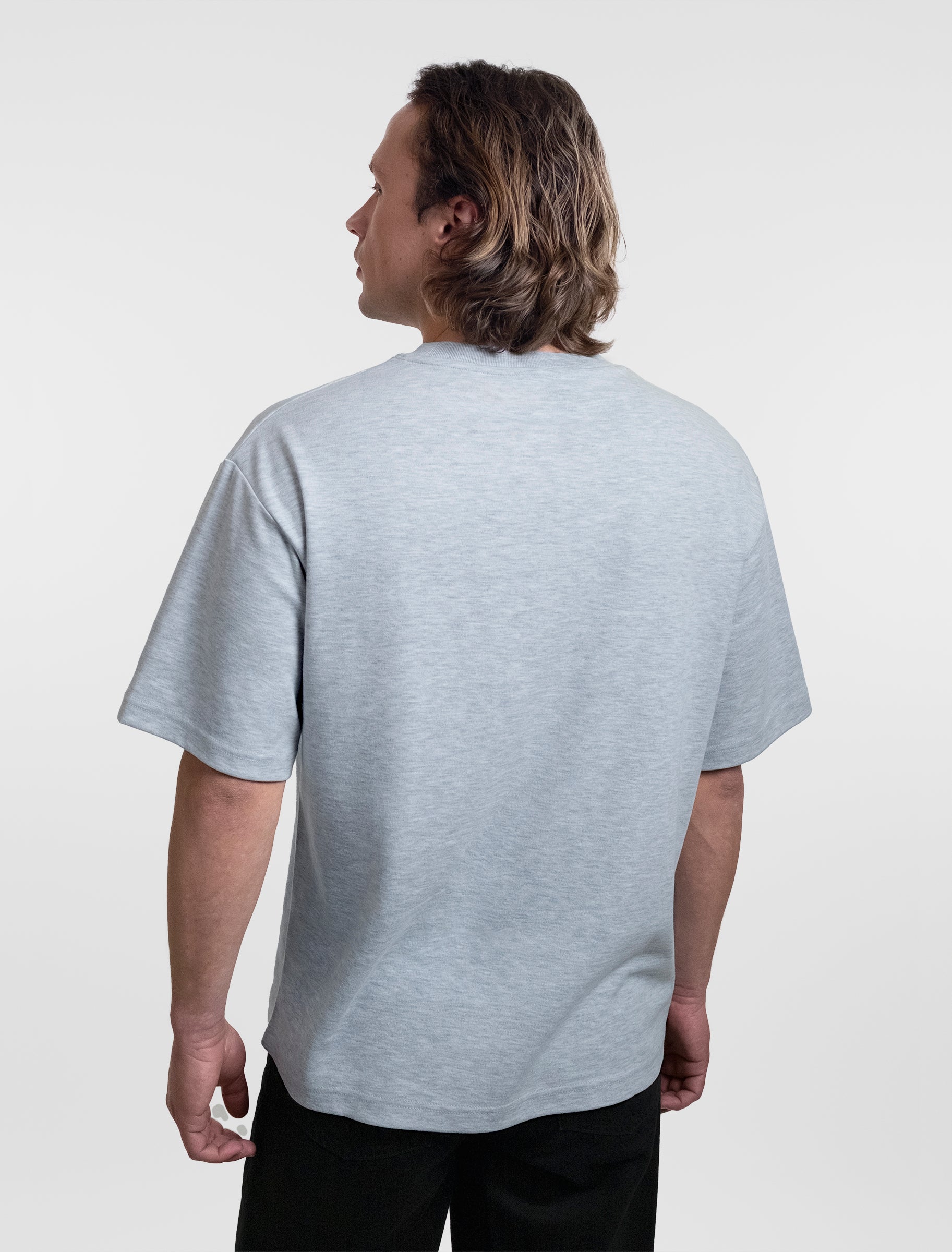 Open Row Men's Open Heart Tee in grey, back view.