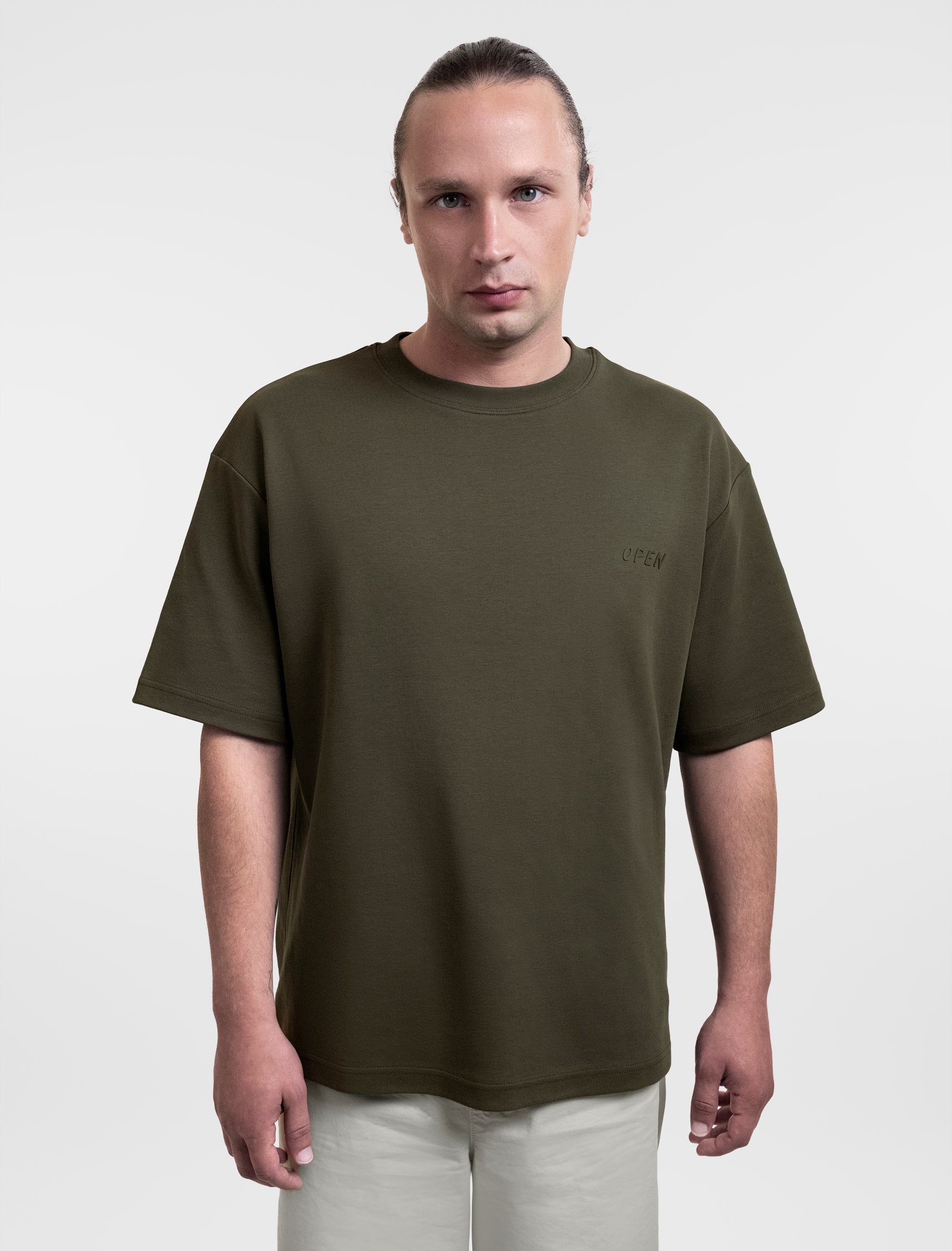 Open Row Men's Open Heart Tee in khaki green, front view.
