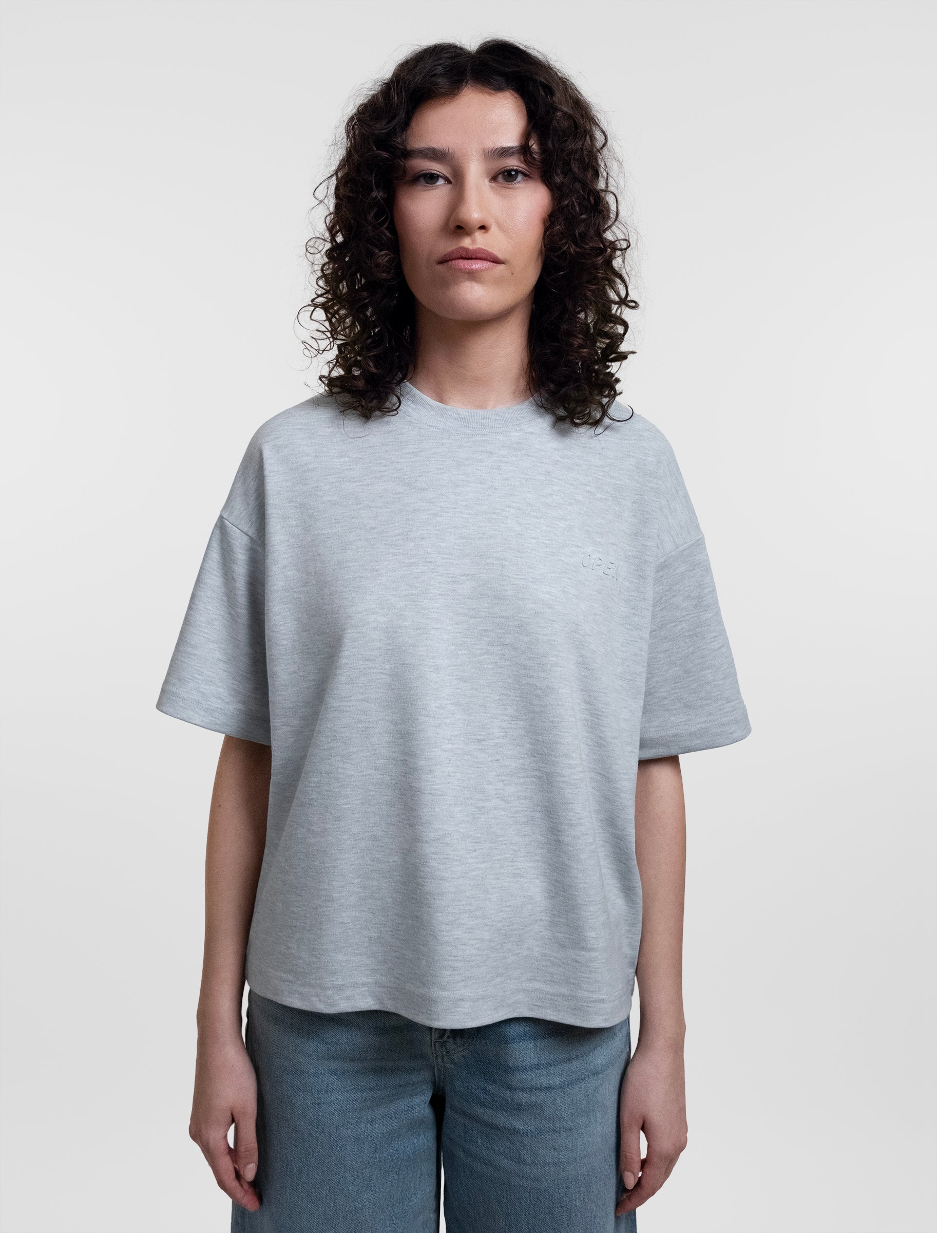 Open Row Women's Open Heart Tee in grey, front view.