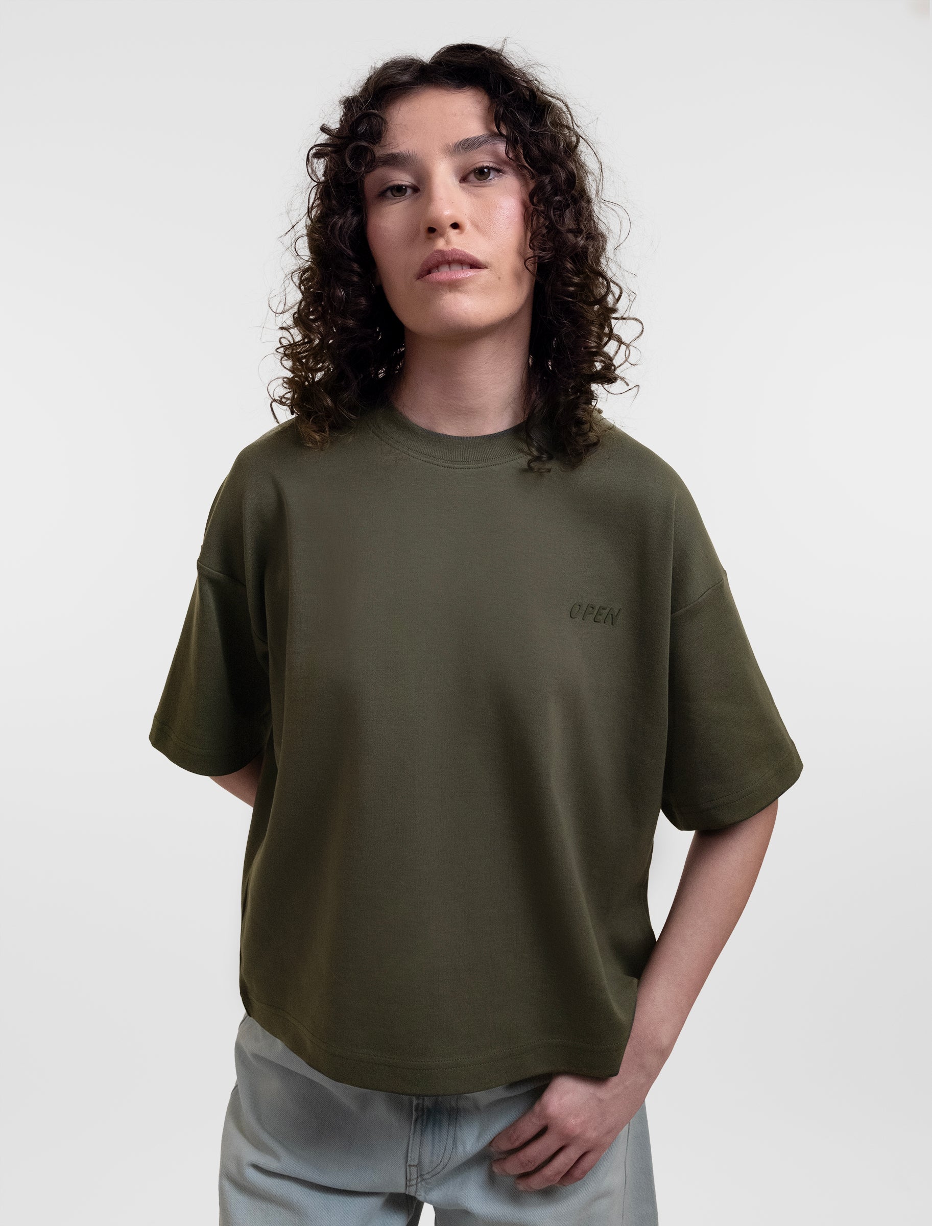 Open Row Women's Open Heart Tee in khaki green, front editorial view.