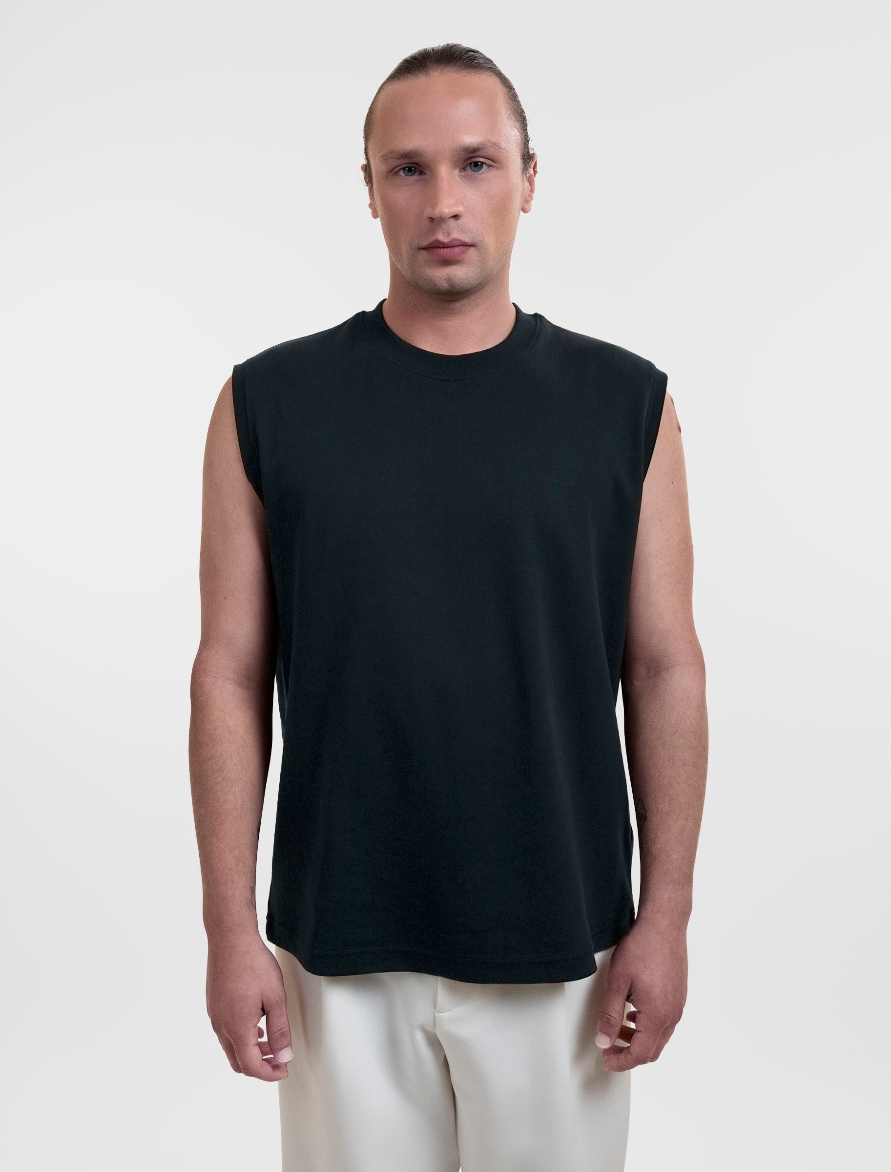 Open Row Men's Tank Tee in black, front view.