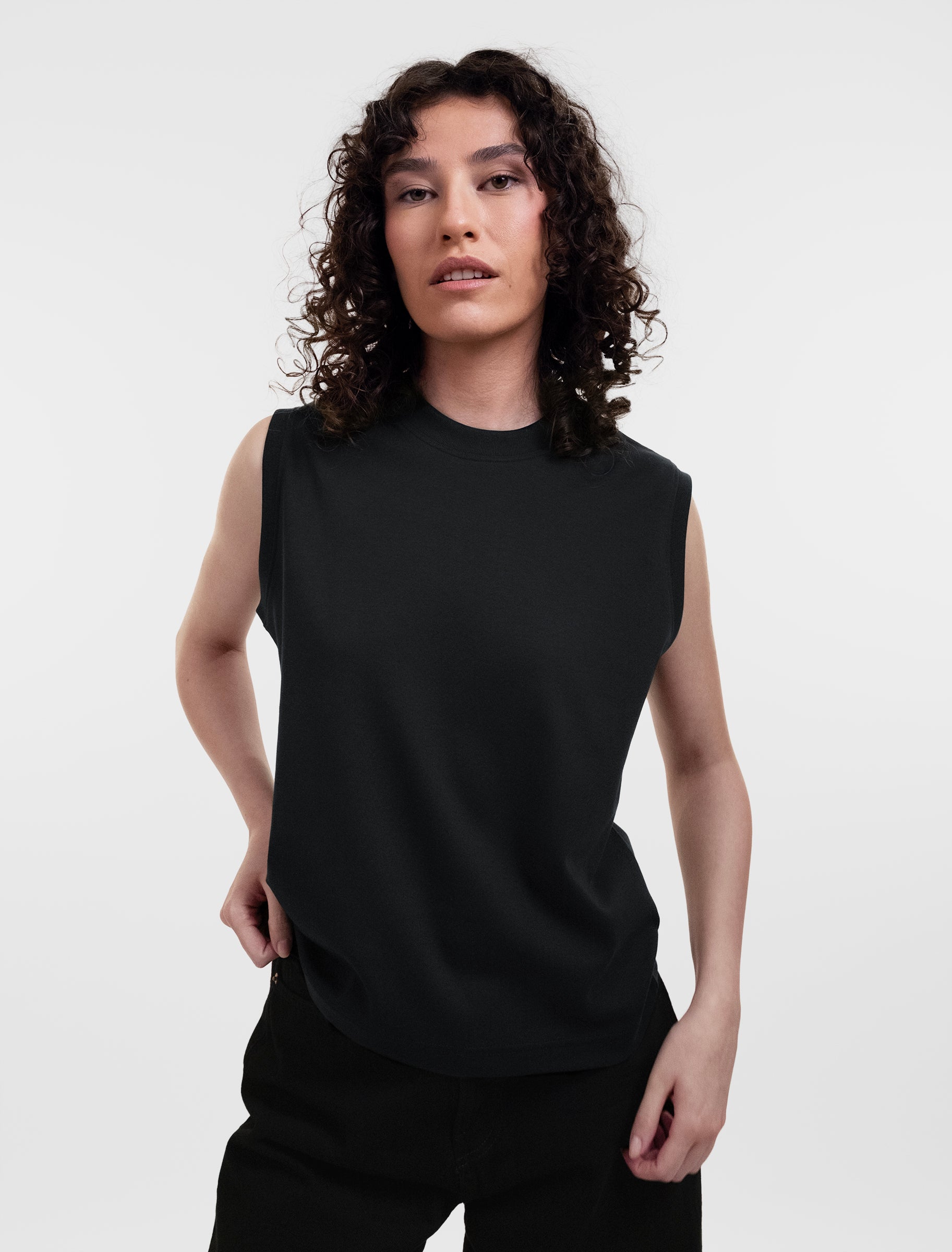 Open Row Women's Tank Tee in black, front view.