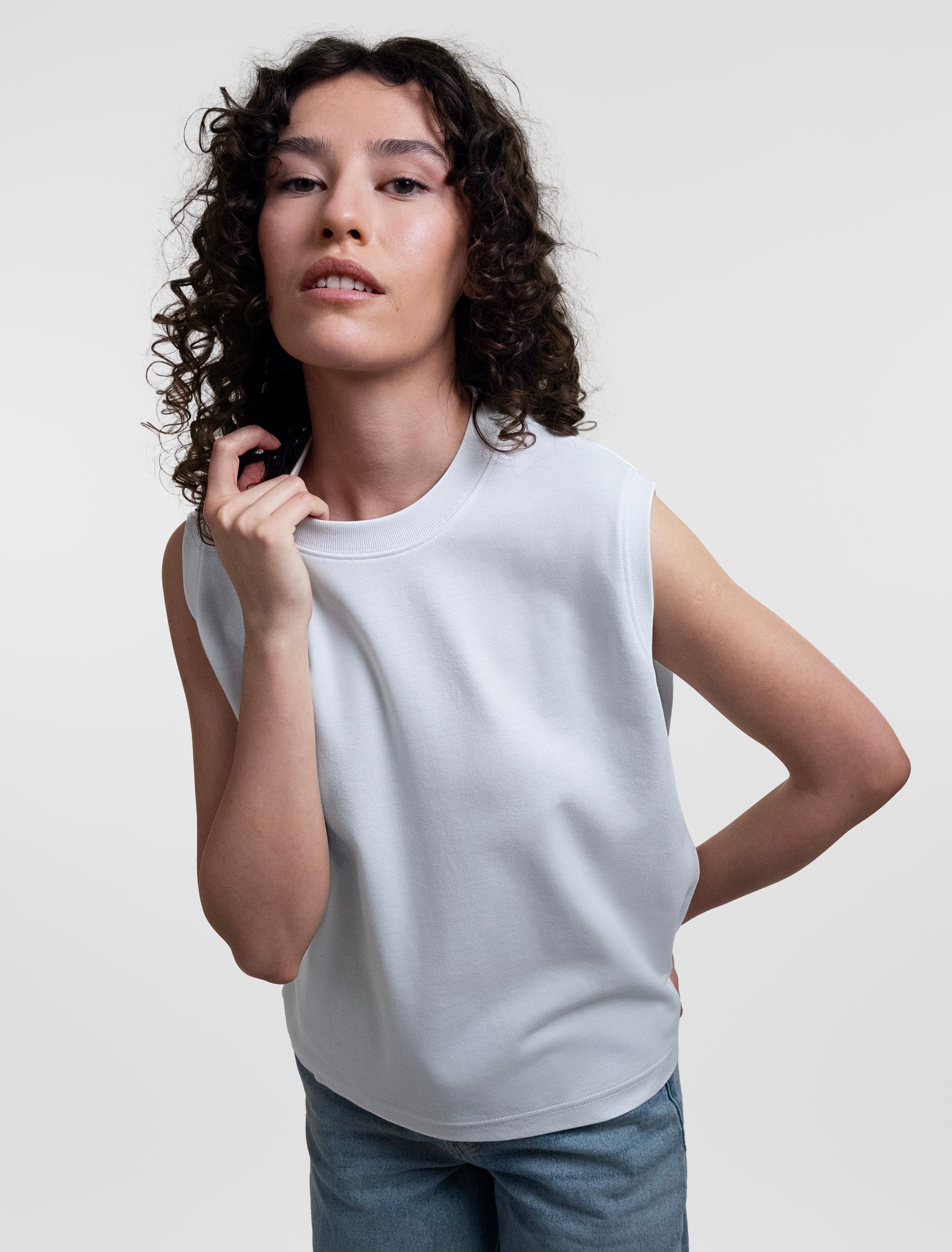 Open Row Women's Tank Tee in white, elevated front view.