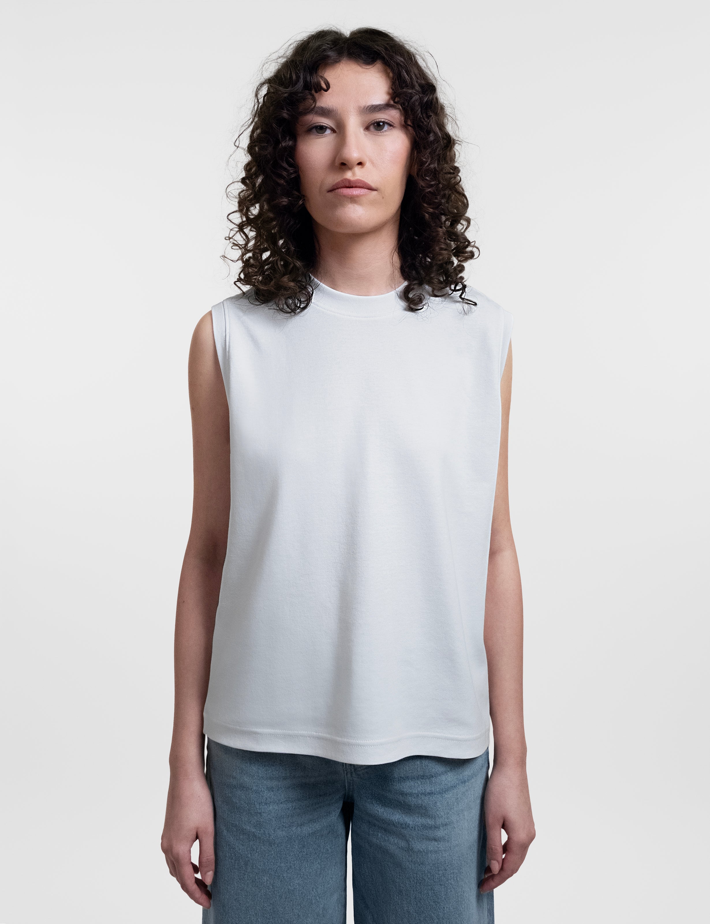 Open Row Women's Tank Tee in white, front view.
